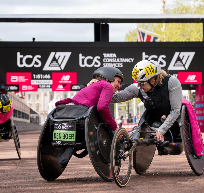 The Finish Line of the elite women wheelchair race at the TCS London Marathon